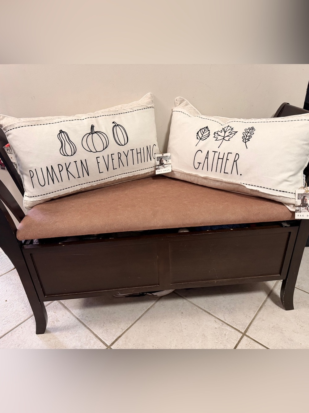 BNWT Rae Dunn Cream & Black 'Pumpkin Everything' & 'Gather' Fall Pillow Set